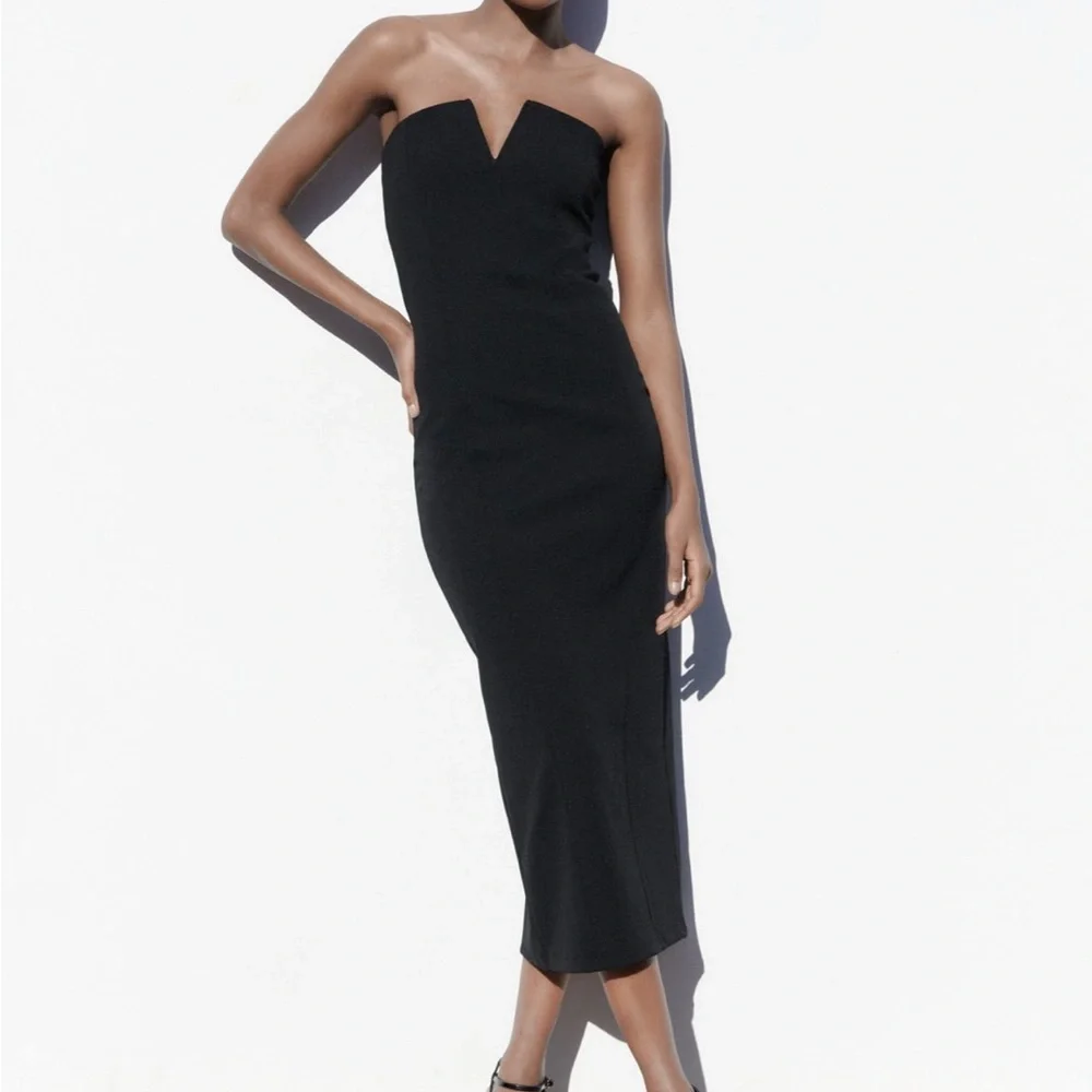 Zara V Notched MIDI Dress Black - Picture 1 of 2